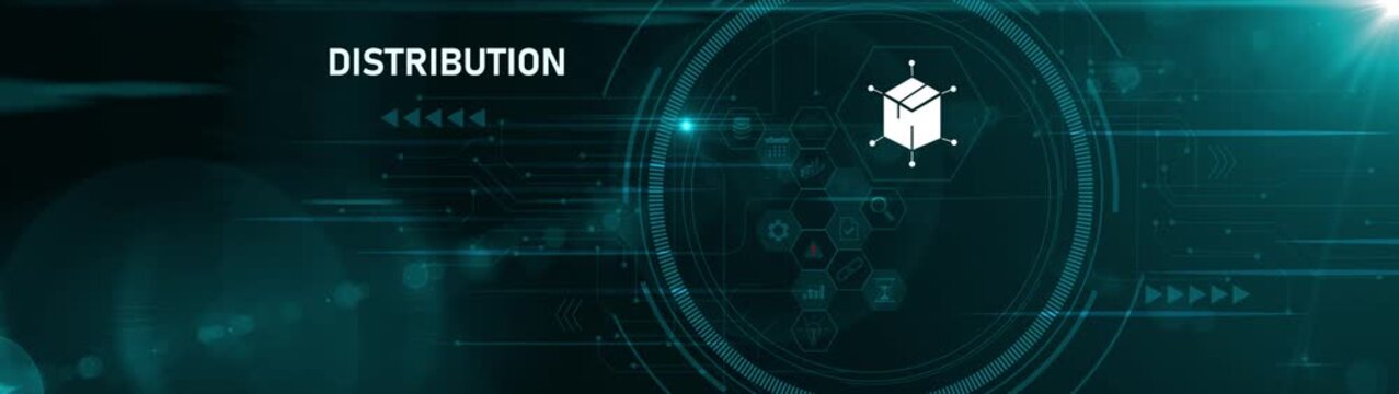 Logistics manager hand holding distribution interface on digital screen, supply chain management, product delivery system. Motion graphics of logistic concept