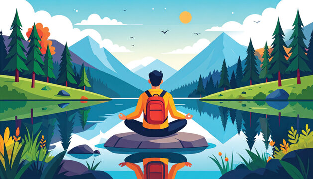 Man meditating on a rock by lake.