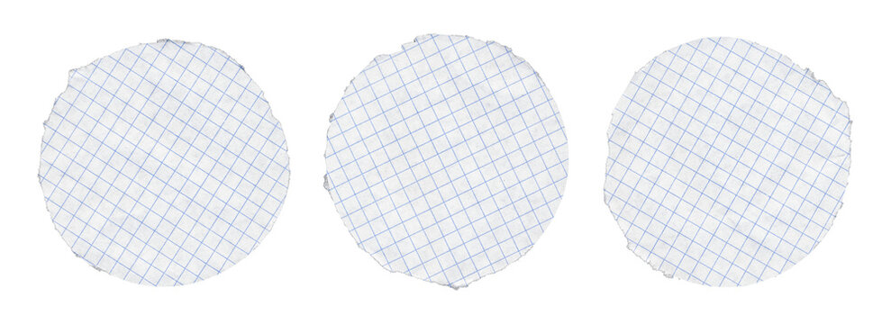 Set of three torn notebook sheet circles with pale blue square grid, soft scanned paper grain, uneven ripped rims, and evenly spaced round fragments on transparent background