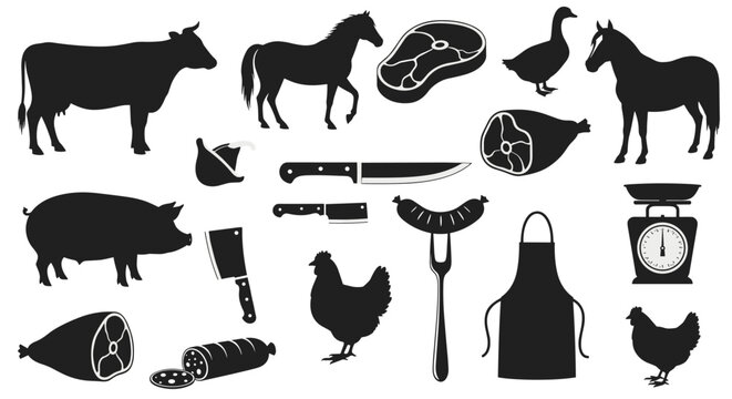Set of butcher shop icons including animal silhouettes like cows and pigs along with meat joints and tools.
