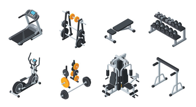 Isometric collection of gym and fitness equipment featuring treadmills elliptical trainers weight racks and benches.