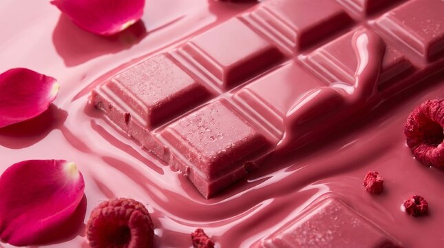 A luxurious ruby chocolate bar with fresh raspberries and delicate rose petals, artfully arranged in a pool of melted chocolate.