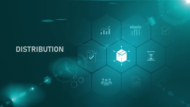 Logistics manager hand holding distribution interface on digital screen, supply chain management, product delivery system. Motion graphics of logistic concept