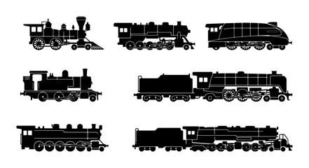 Vintage Steam Locomotives, Classic Train Silhouettes, Retro Rail Transport Icons, Historical Locomotive Collection Vector Art © Sadia
