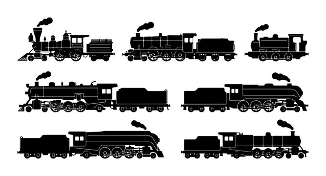 Vintage Steam Locomotive Silhouettes, Retro Train Collection, Classic Locomotive Icons, Industrial Transportation Vector Set