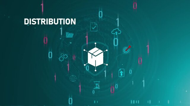 Logistics manager hand holding distribution interface on digital screen, supply chain management, product delivery system. Motion graphics of logistic concept