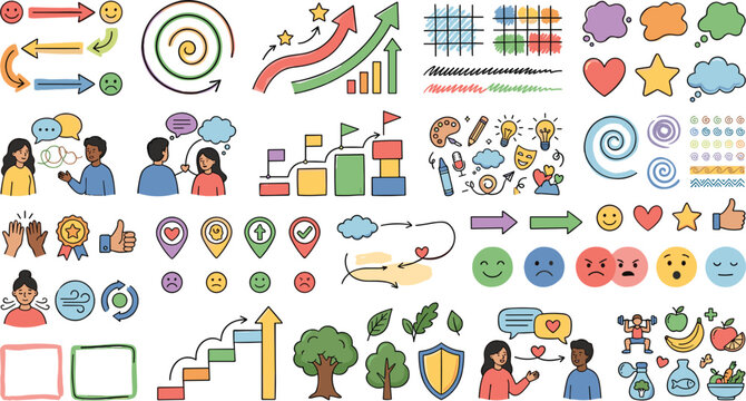 Hand drawn doodle element vector set for business growth infographics, creative workflows, social media icons, communication symbols and generative AI concept designs
