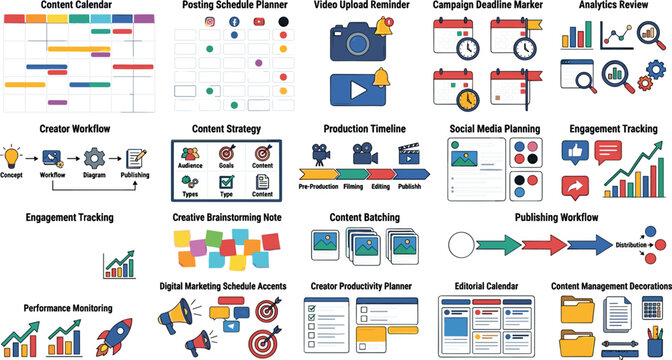 Social media content strategy and digital marketing workflow planner vector icon set with calendar schedule video production timeline and data analytics diagrams (22 words)