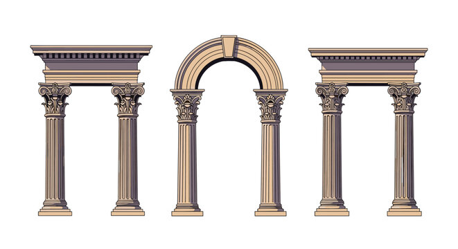 Detailed architectural elements featuring three classical columns and an arch in a traditional stone finish style.
