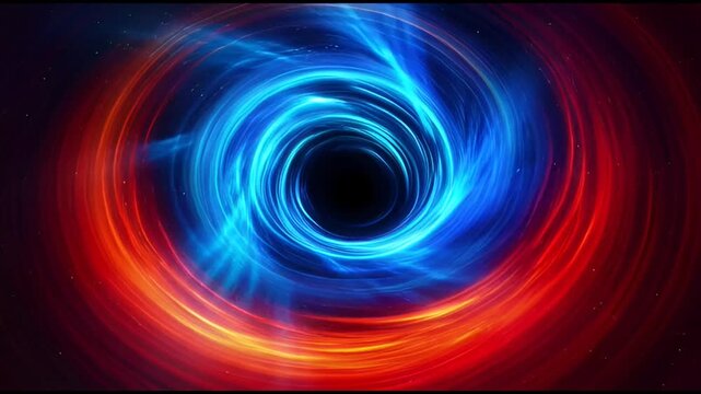 Abstract cosmic black hole portal with vibrant swirling red and blue energy vortex in deep space, representing a mysterious singularity