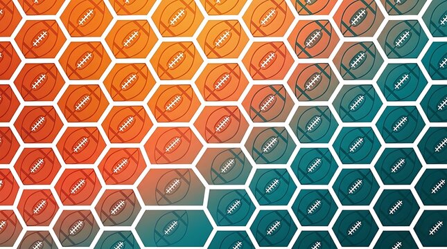 American football pattern background, geometric hexagon grid with sports icons, orange and teal gradient texture for athletic branding