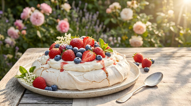 Rustic pavlova dessert with fresh strawberries and blueberries on garden table
