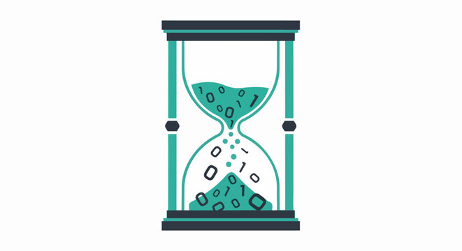 Conceptual Digital Hourglass Illustration with Binary Code Representing Data Management, Technology Deadlines, and Time Value in the Digital Era