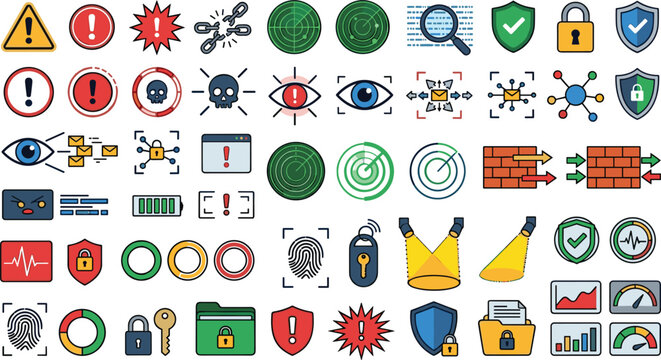 Cybersecurity and data protection network technology line icon set featuring firewall shields radar tracking secure locks and malware alert warning symbols (21 words)