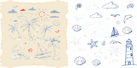 Obraz premium Summer beach scene and marine life hand drawn vector illustration collection