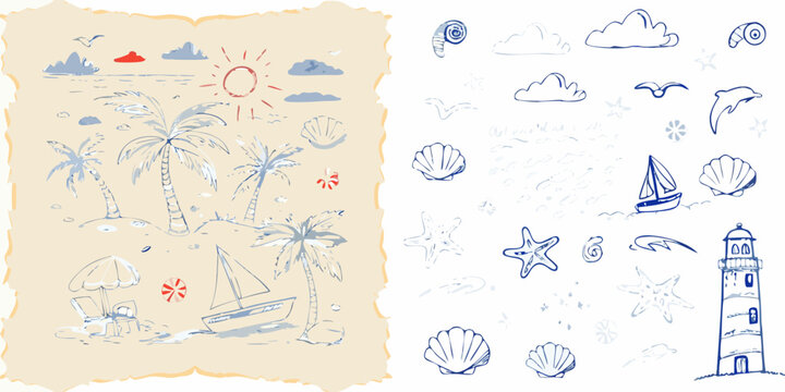 Summer beach scene and marine life hand drawn vector illustration collection