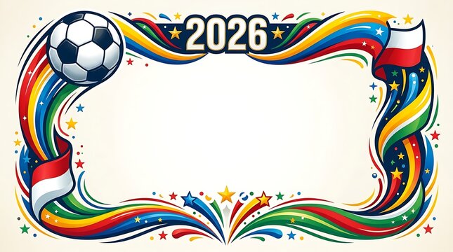Soccer 2026 championship border with colorful ribbons and stars, football tournament frame for sports events, vibrant athletic background with flags
