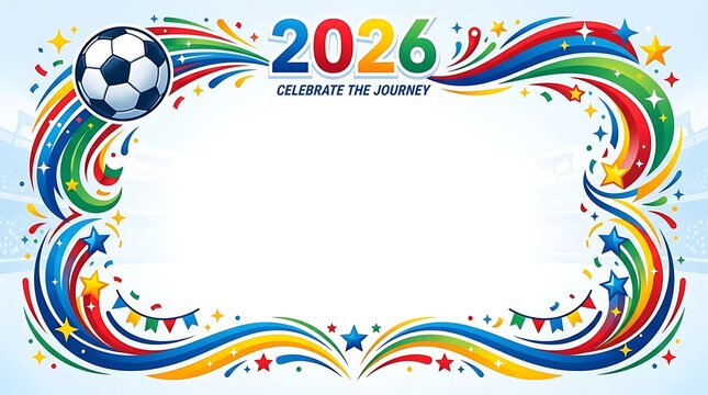 Soccer 2026 championship background with colorful swirls and stars, football tournament frame for sports events, celebrate the journey banner