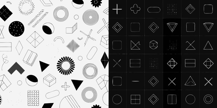 Geometric shapes and linear elements black and white vector illustration pattern