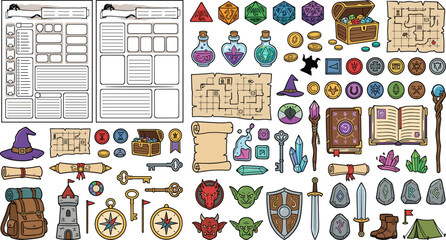 Tabletop roleplaying game asset vector collection with fantasy rpg character sheets dice maps potions weapons and monster icons for gaming design (20 words) © Sukhi