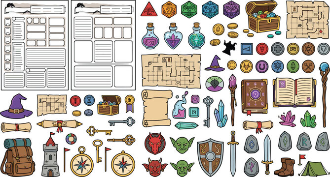 Tabletop roleplaying game asset vector collection with fantasy rpg character sheets dice maps potions weapons and monster icons for gaming design (20 words)