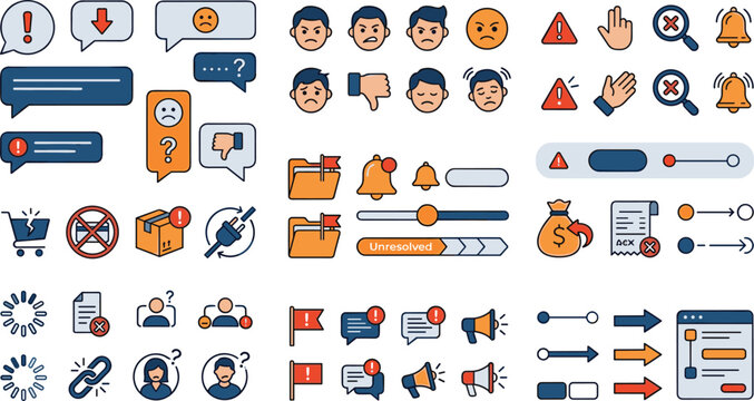 Website error and system warning message interface elements bundle flat vector icon set for app ui ux design layout alert notifications (21 words)