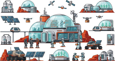 Mars colony base space exploration vector element pack featuring futuristic dome habitats astronauts rovers solar panels and scifi technology illustrations. © Sukhi