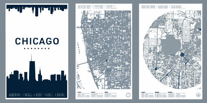 Chicago city skyline and map illustrations minimalist vector graphic set