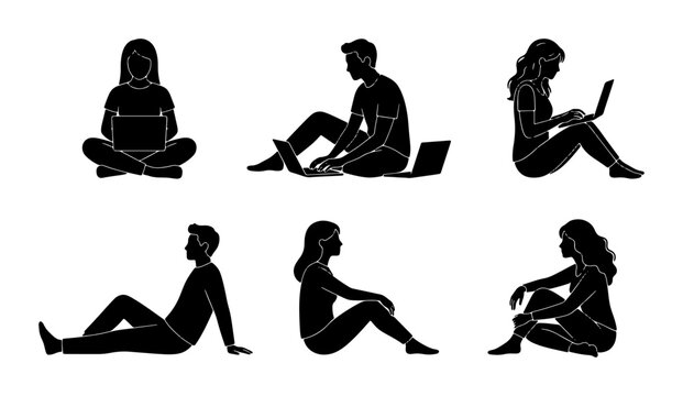 Diverse Silhouettes of People Working on Laptops, Casual Seated Poses, Modern Digital Lifestyle Collection