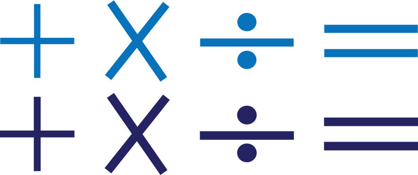 Mathematical operation signs vector illustration set showing plus multiply divide and equal symbols in blue and dark blue for educational content and design.