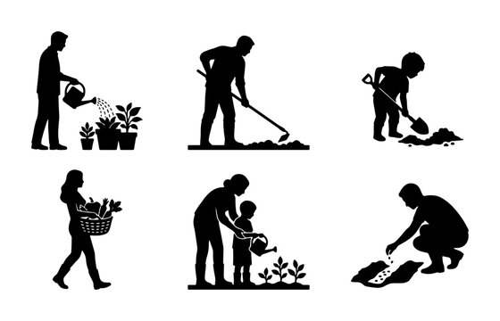 Gardening Silhouettes: Diverse Activities, Family Fun, Organic Cultivation, Vector Icons for Nature and Lifestyle Concepts