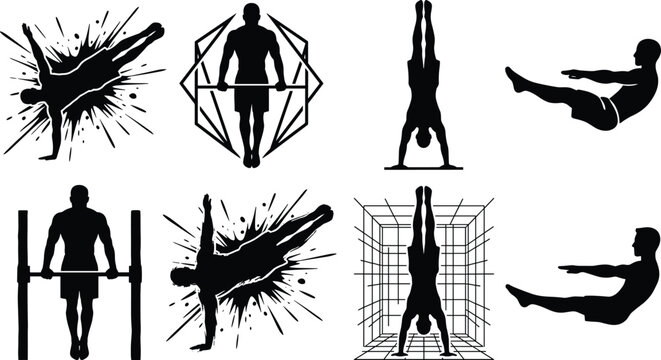 Set of street workout and calisthenics athlete silhouettes performing bodyweight exercises gymnastics handstands and pull ups isolated on a white background
