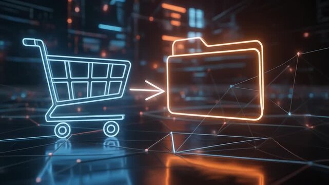 Futuristic digital shopping cart navigating virtual network with glowing connections for online ecommerce technology