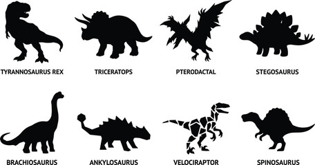 Set of dinosaur vector silhouettes featuring Tyrannosaurus Rex Triceratops Pterodactyl Stegosaurus Brachiosaurus Ankylosaurus Velociraptor and Spinosaurus isolated on white background © Saminur