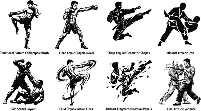 Set of martial arts and boxing vector graphics showing different illustration styles including karate muay thai and judo icons isolated on white background