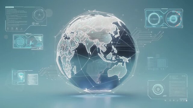 Futuristic globe with glowing digital circuits and interconnected data points rotating in space