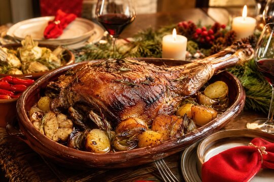 Spanischer Lammbraten als festliches Weihnachtsessen
Saftiger Lammbraten mit Kartoffeln, Knoblauch und Kr&auml;utern in rustikaler Form, festlich serviert bei Kerzenlicht.