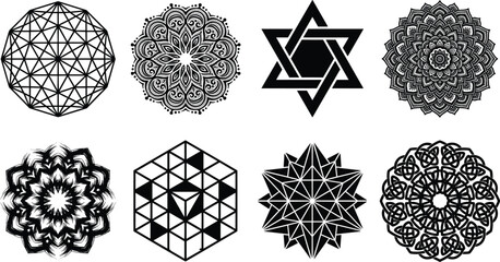 Sacred geometry and mandala black vector icon set featuring diverse geometric decorative symbols isolated on white background © Saminur