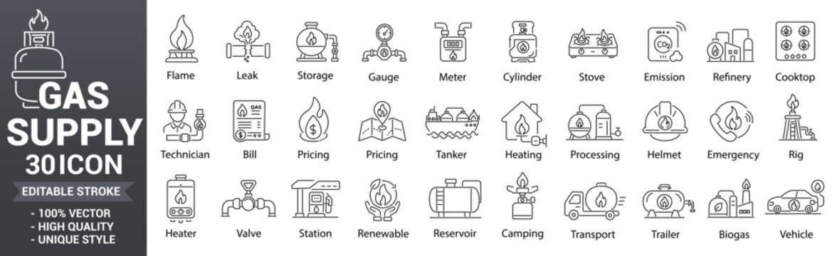 Gas supply line icon set. Including editable outline gas, LPG, pipeline, storage, tanker, refinery, fuel, heating and more collection. Editable stroke. Vector illustration.