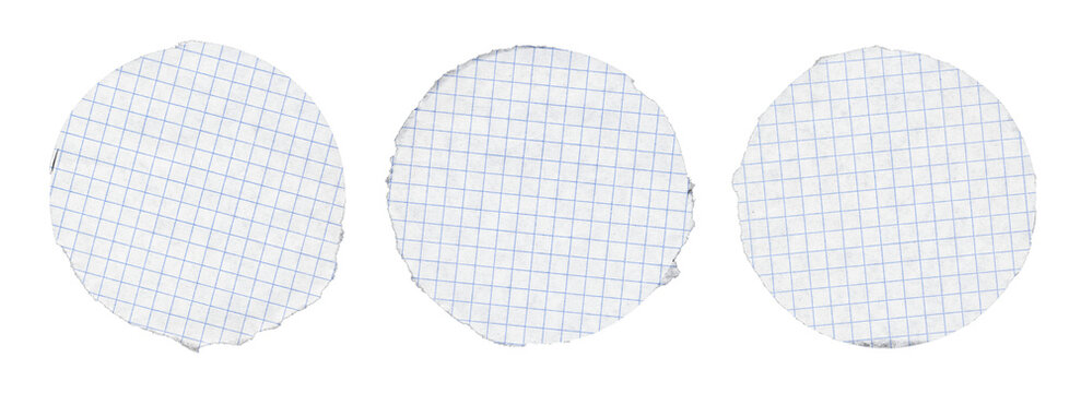 Set of three round torn notebook sheet cutouts with light blue squared ruling, subtle paper fibers, ragged circular edges, and horizontal arrangement on transparent background