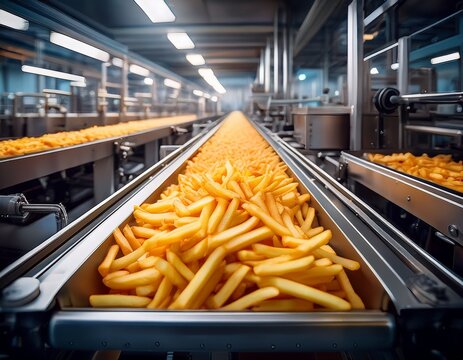 french fries production line in a modern food processing factory
