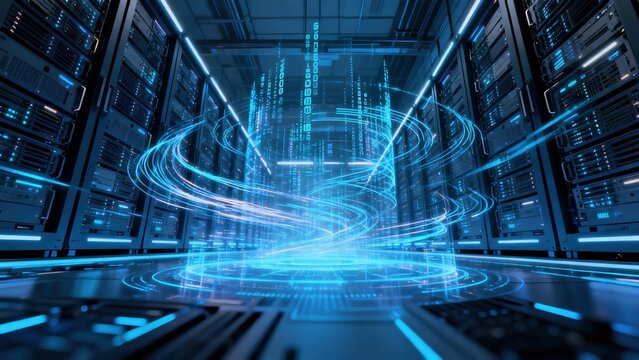 Server room with digital data streams