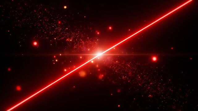 Futuristic red laser beam pulsing through dark space with glowing particles and vibrant light effects