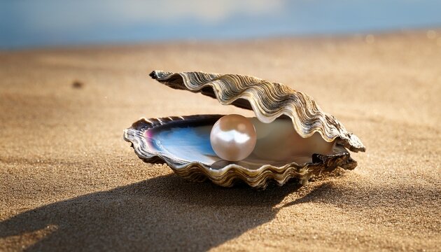 pearl inside an open oyster shell on sandy beach