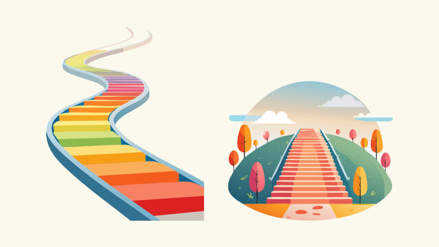 Vibrant rainbow staircase ascending towards a bright, hopeful future, with a scenic, autumnal path leading upwards under a soft sky