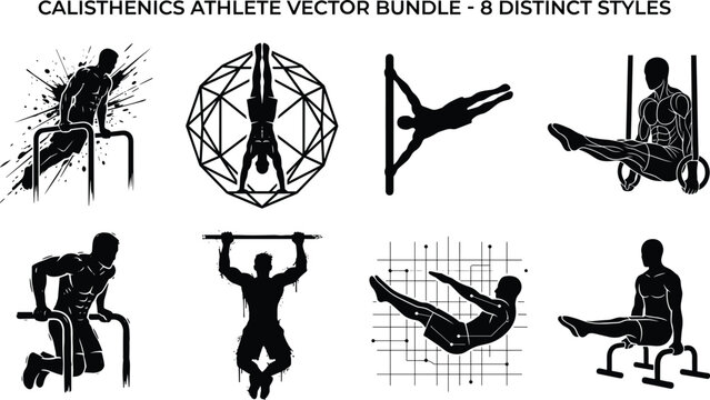 Calisthenics athlete vector bundle featuring eight distinct silhouette styles of male gymnasts performing bodyweight workouts isolated on white