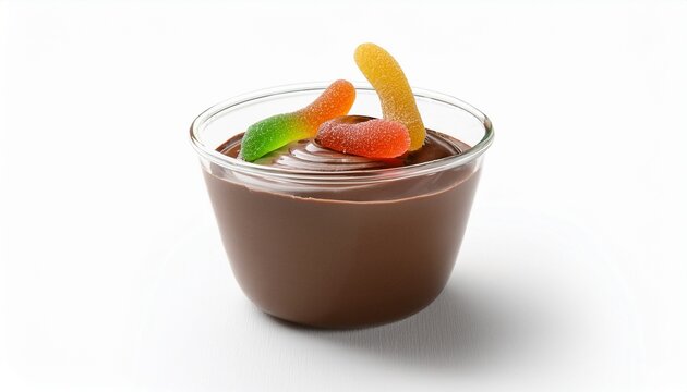 a clear cup filled with chocolate pudding and topped with gummy worms on a white background