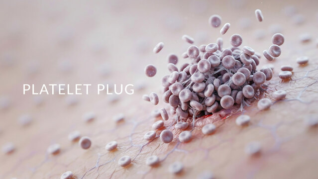 Platelet plug formation blood clotting process closeup view of aggregated platelets at wound site in human body