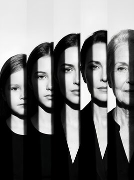 Multi generational female aging process and life cycle. For healthcare, skincare, longevity study, and family generation. Longevity, skincare, healthcare study, and life cycle