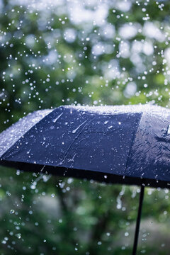 Black umbrella under rain against water drops splash background. Rainy weather concept.